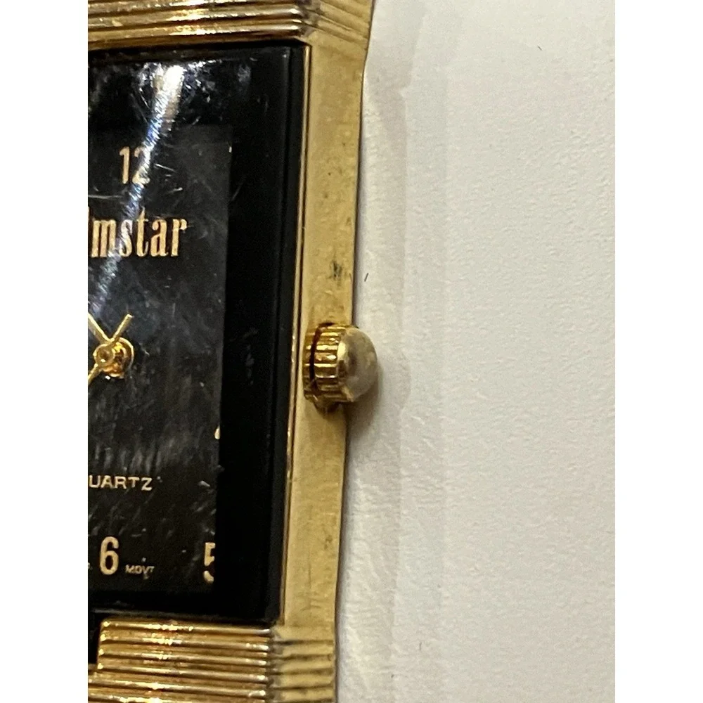 Amstar VTG Gold Tone Watch Face Black Leather Embossed Band Art Deco Retro Works